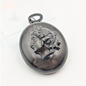 Antique Victorian Vulcanite Cameo Female Profile Locket Mourning Pendant